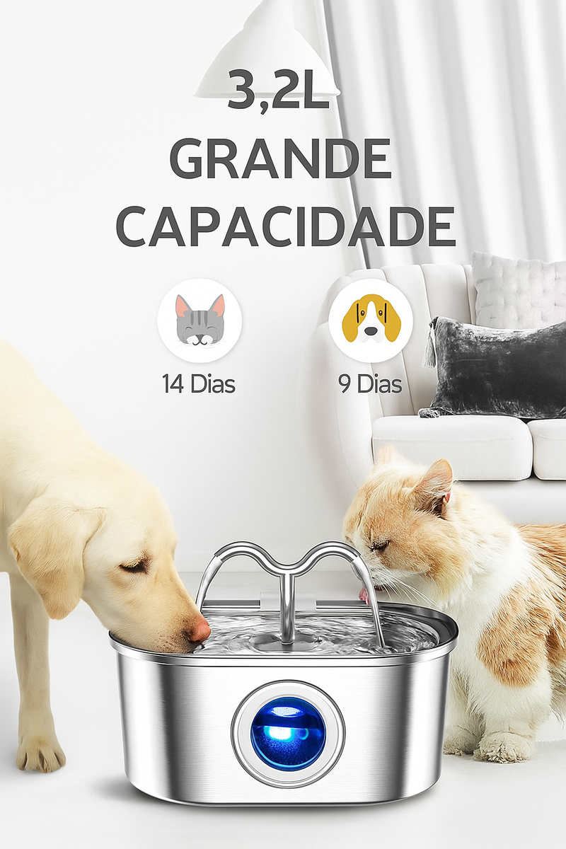 Fonte Automática Inox 3,2L para Gatos e Cães com Bomba Silenciosa e Luz LED – Bebedouro Inteligente