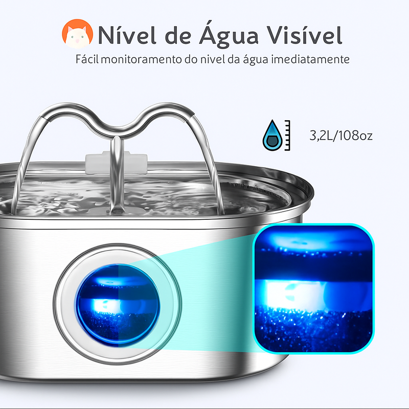 Fonte Automática Inox 3,2L para Gatos e Cães com Bomba Silenciosa e Luz LED – Bebedouro Inteligente