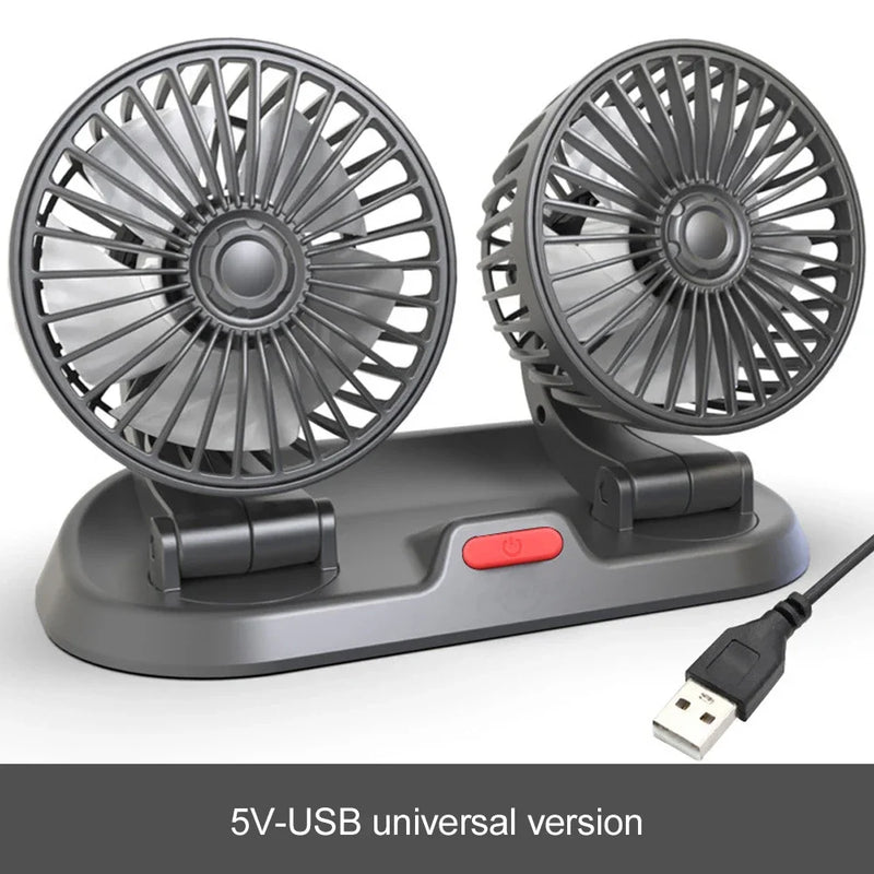 Ventilador para Carro USB Dual Head 5V/12V/24V com 2 Velocidades – Cooler Automotivo Portátil