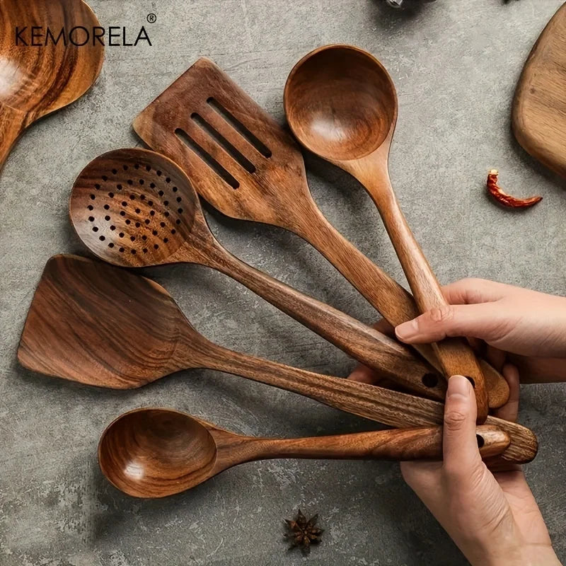 Utensílios de Cozinha em Madeira de Teca da Tailândia – um kit premium com 5 peças