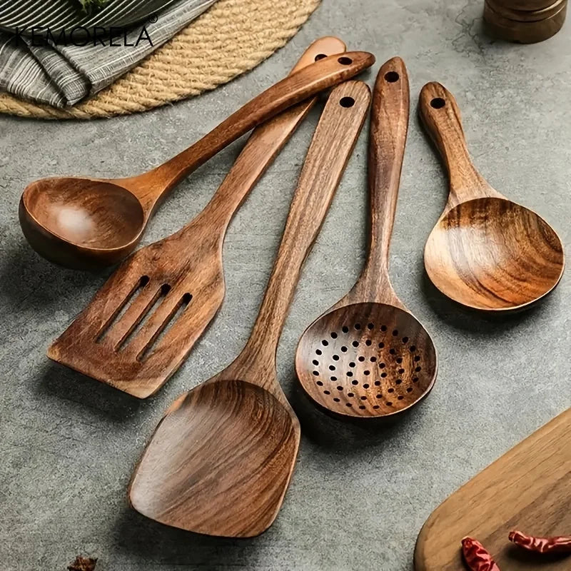 Utensílios de Cozinha em Madeira de Teca da Tailândia – um kit premium com 5 peças