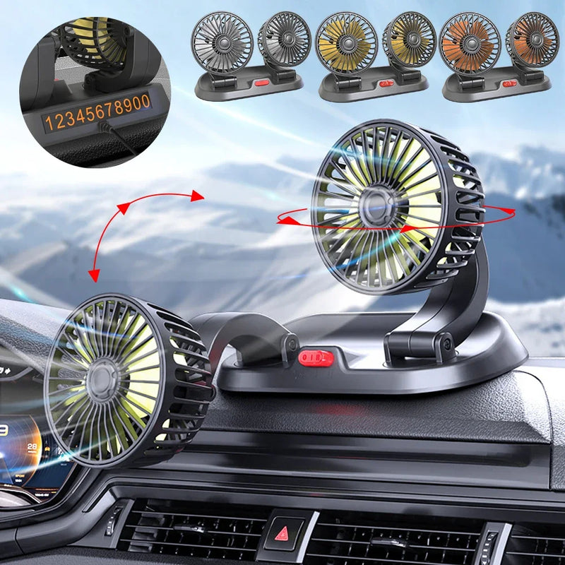 Ventilador para Carro USB Dual Head 5V/12V/24V com 2 Velocidades – Cooler Automotivo Portátil